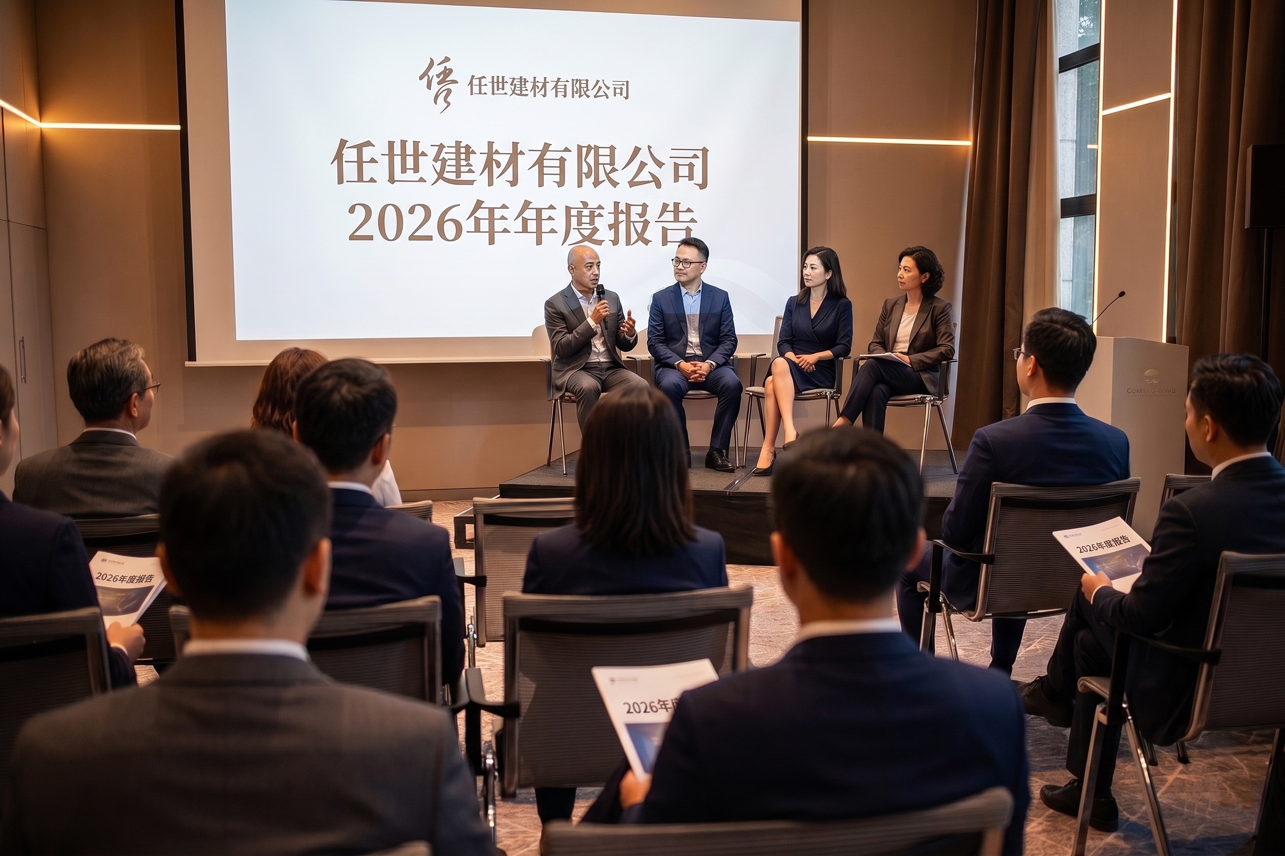 RSINSULATIONBOARD (Hebei Renshi Building Materials) 2026 Annual Report Launch Event featuring corporate leadership panel and industry strategic discussion.