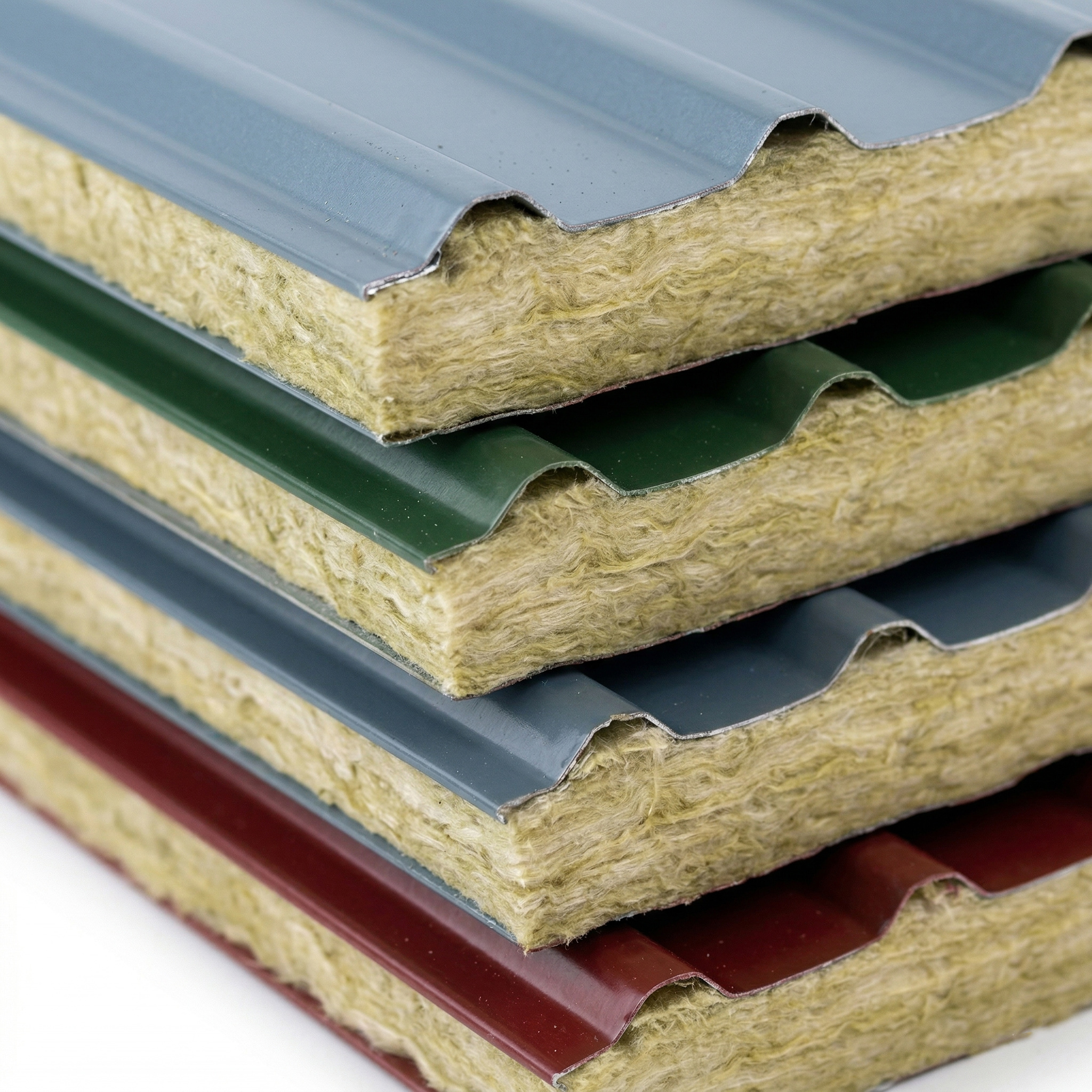 Color steel rock wool sandwich panel cross-section - Showcasing Class A fire-resistant rock wool core and multi-colored profiled steel structures