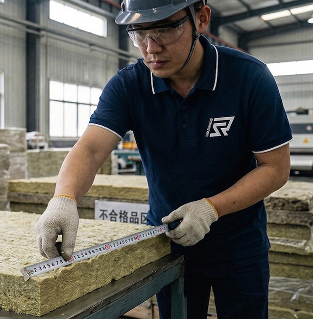 Technician measuring rock wool board dimensions - Strict finished product quality inspection