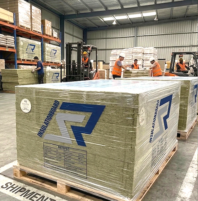 Rock wool board pallets with RS SPEC traceability labels - Recording core testing data and specification info