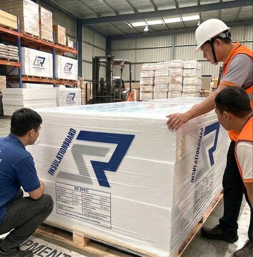 RSINSULATIONBOARD team inspecting palletized EPS insulation boards with custom branded packaging in the warehouse