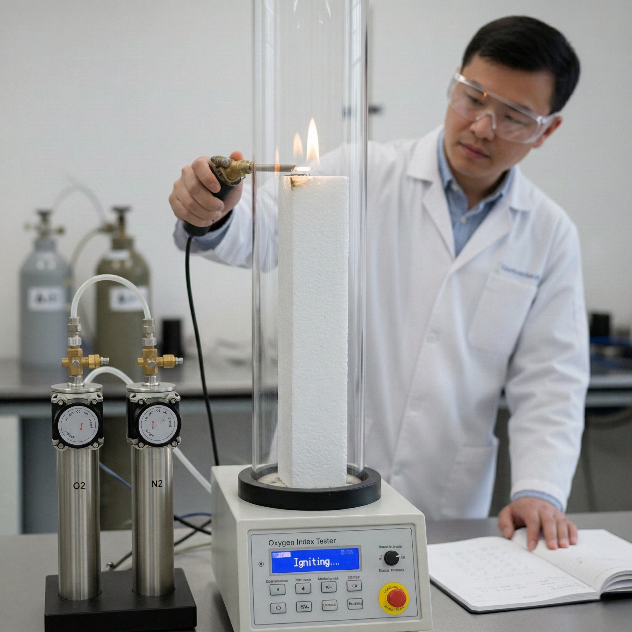 Technician performing Limited Oxygen Index (LOI) fire performance test on EPS foam insulation in a laboratory