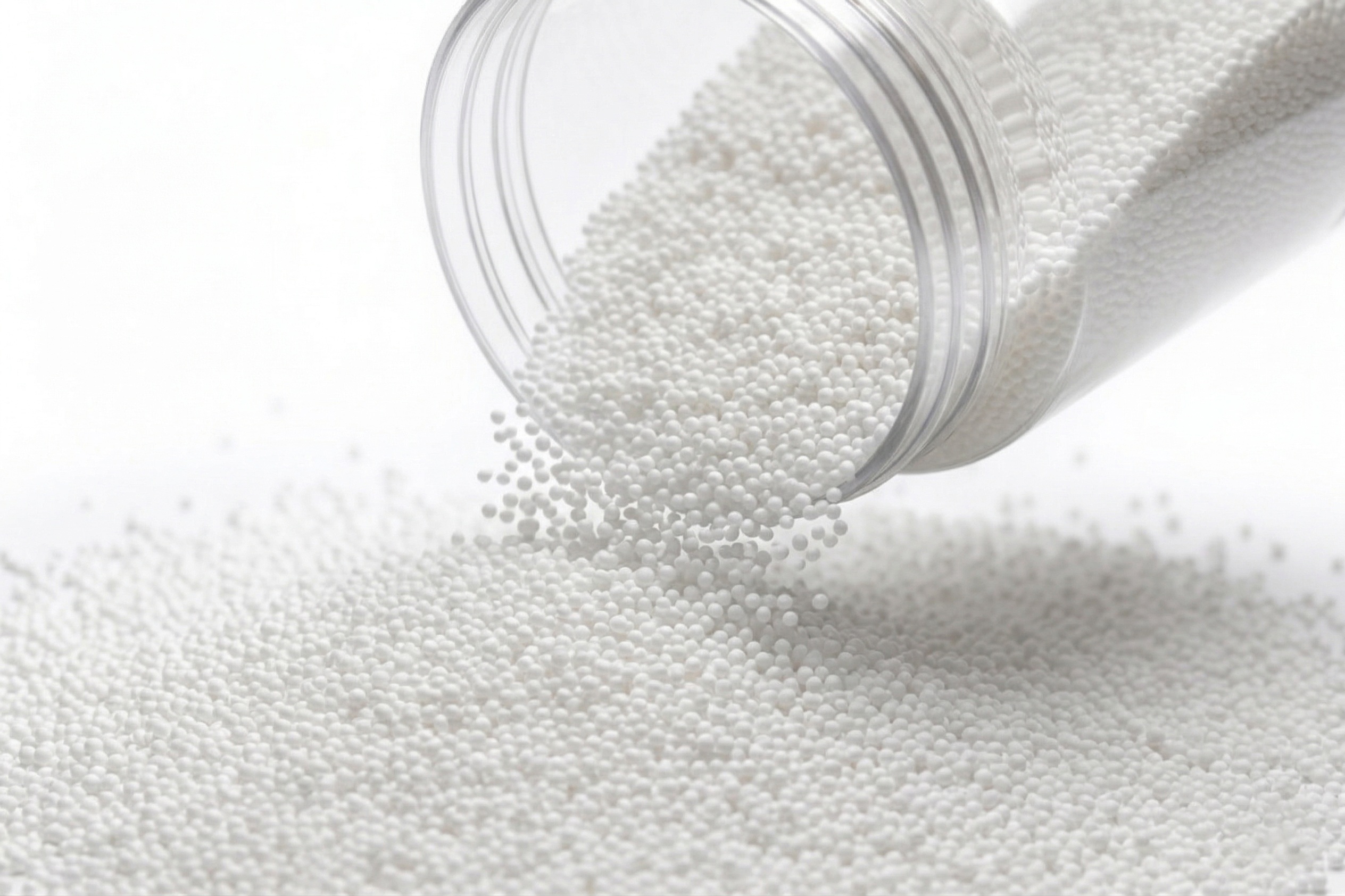High-quality white EPS polystyrene resin granules pouring from a container for quality control inspection