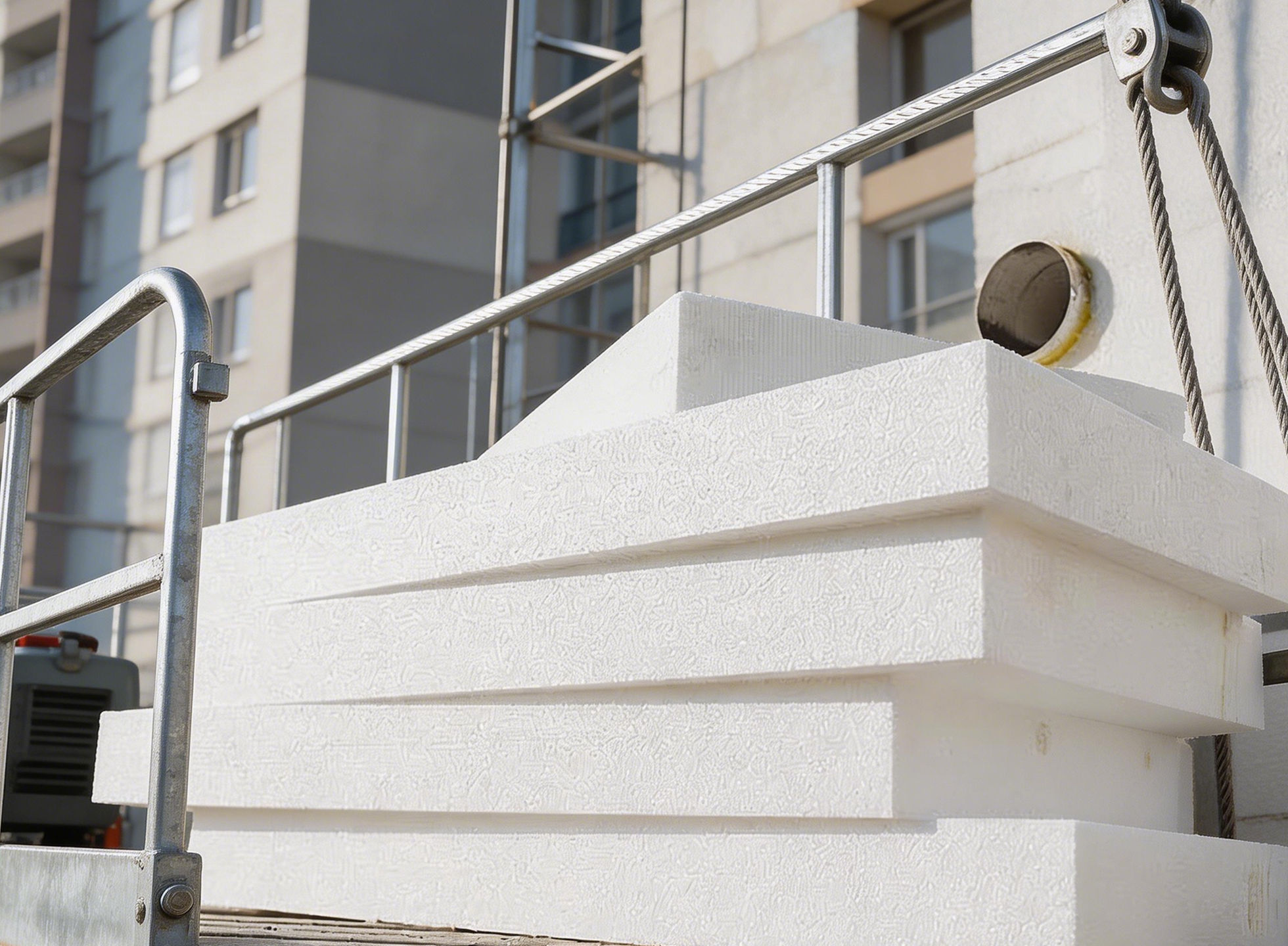 Stacked EPS foam insulation boards on a construction lift for high-rise building facade cladding