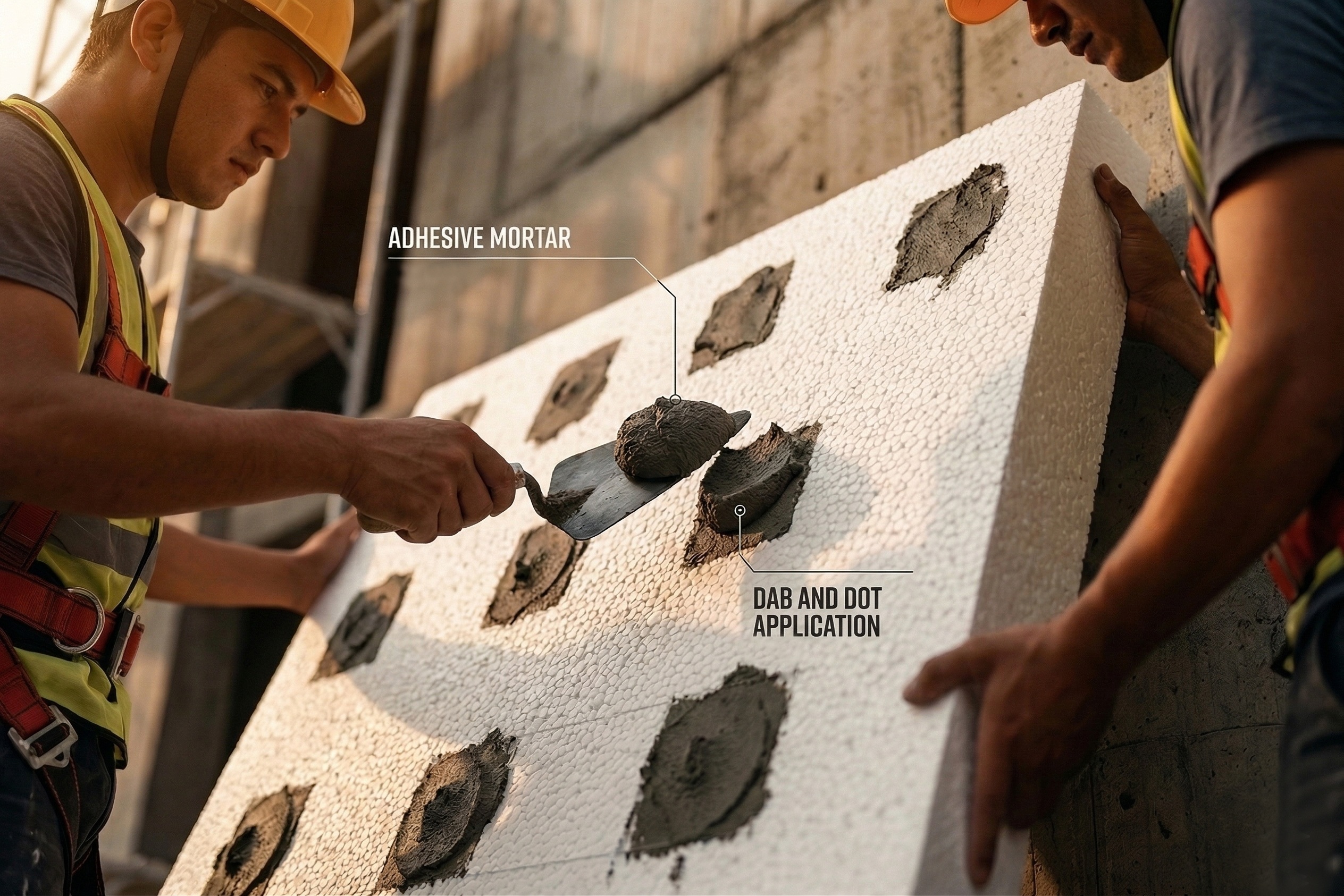 Applying adhesive mortar to EPS board using the dab and dot bonding method for ETICS installation