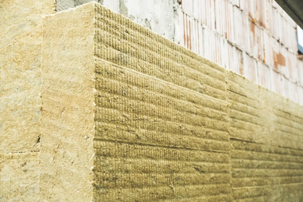 Close-up of Rockwool insulation board being installed using the strip-and-point bonding adhesive method on a brick exterior wall.