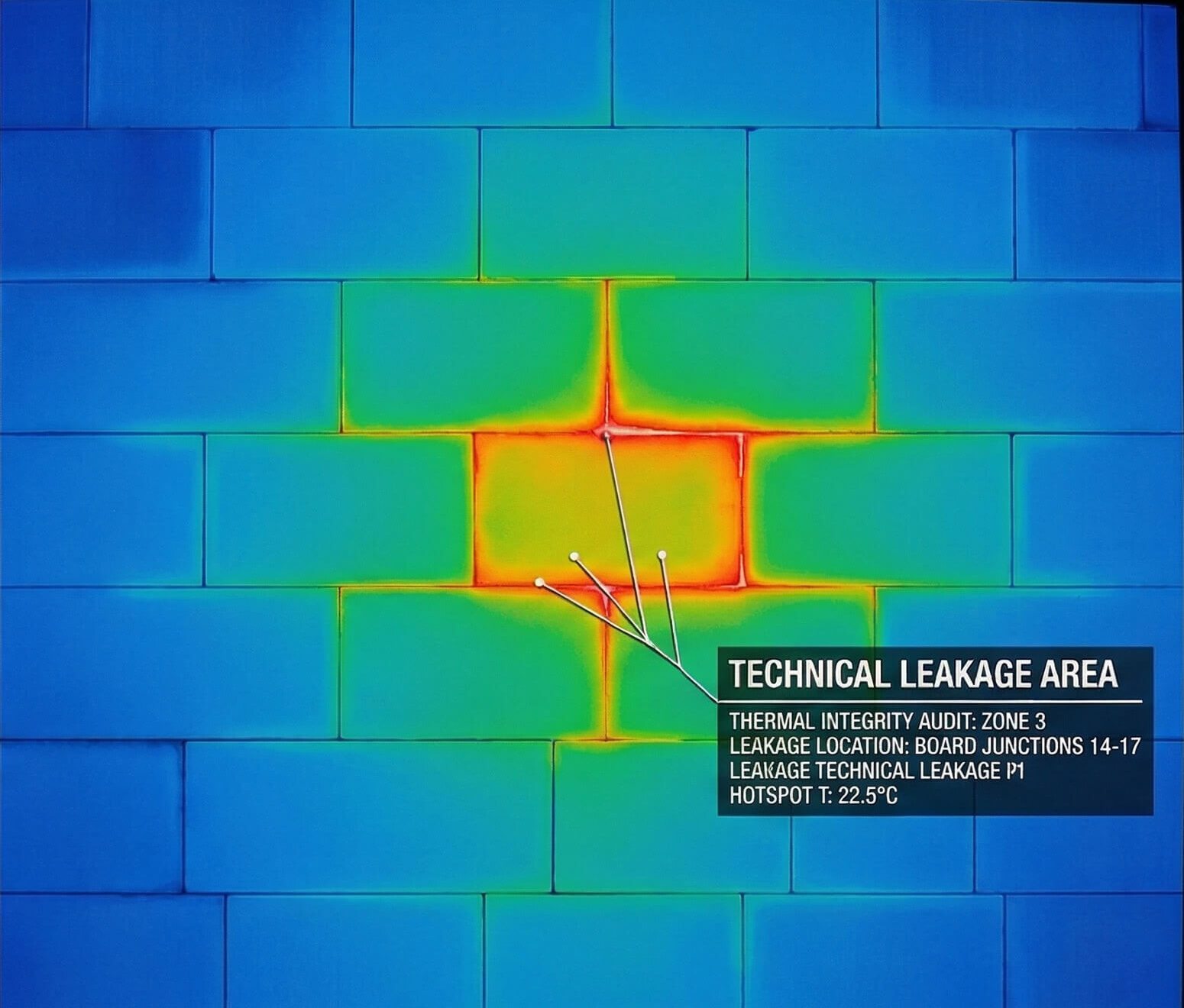 Infrared thermography scan of a wall showing thermal bridges and heat leakage at EPS board junctions