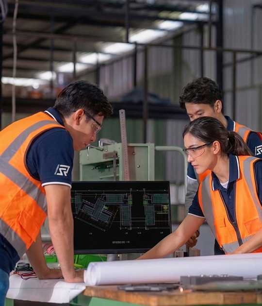 RSINSULATIONBOARD engineers discussing architectural insulation blueprints and building plans in a factory