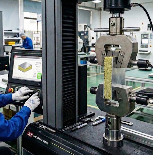 Laboratory compressive strength testing for rock wool sandwich panels using universal testing machine