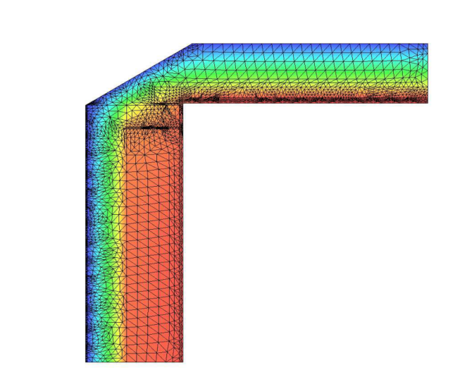 Finite element analysis (FEA) thermal map of wall corner insulation system for architectural projects in Vietnam and Thailand, illustrating temperature gradient and thermal bridge control.