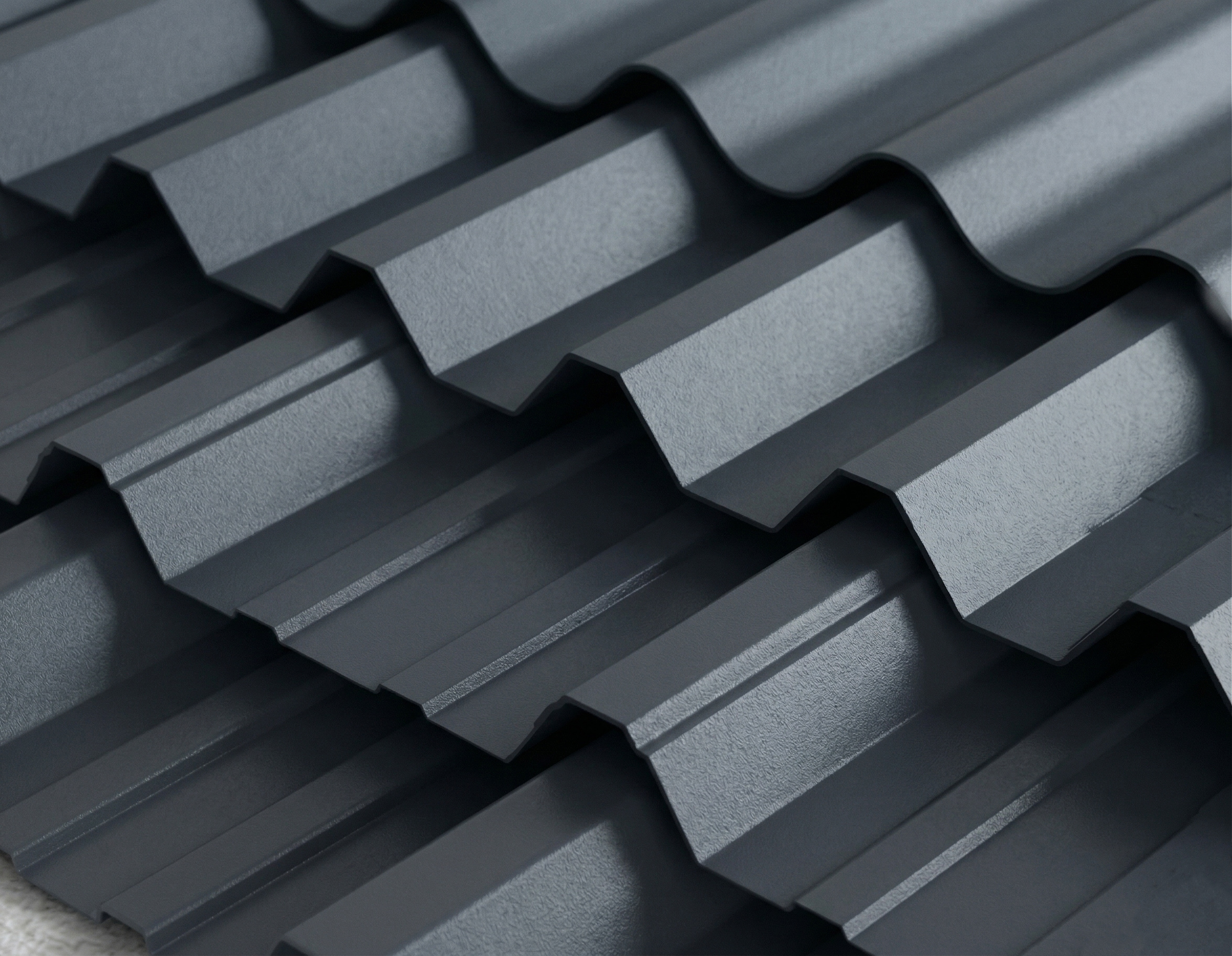 Dark grey corrugated metal roofing sheets with high-precision trapezoidal profiles for industrial building cladding