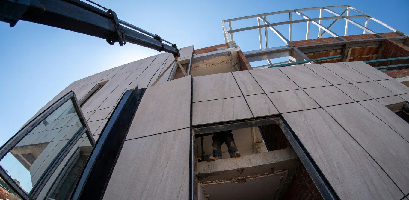 Crane lifting stone-textured integrated decorative insulation panels for dry-hang facade installation on a steel-structure building