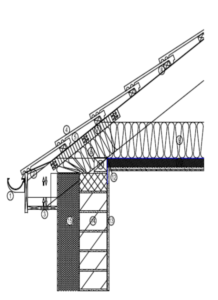 Detailed architectural section of roof-to-wall insulation junction for construction in Thailand and Vietnam, showcasing integrated thermal barrier and drainage system.