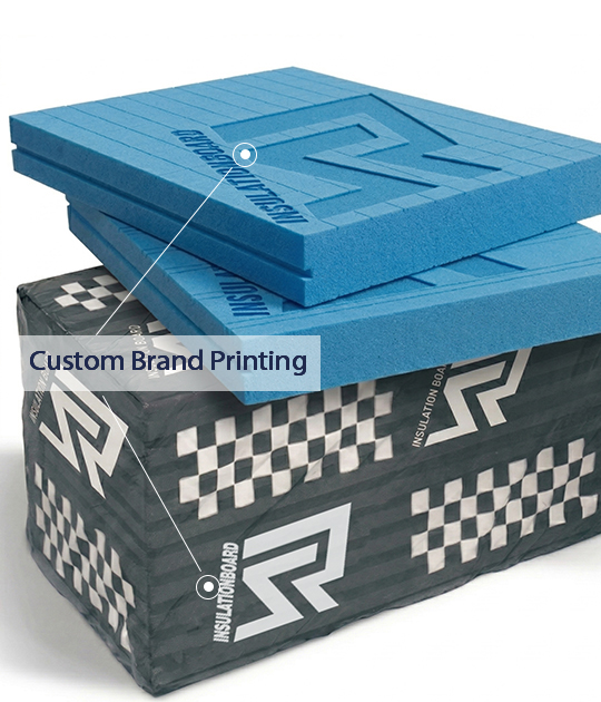 High-performance blue XPS insulation boards with custom embossed brand logo and professional private label packaging