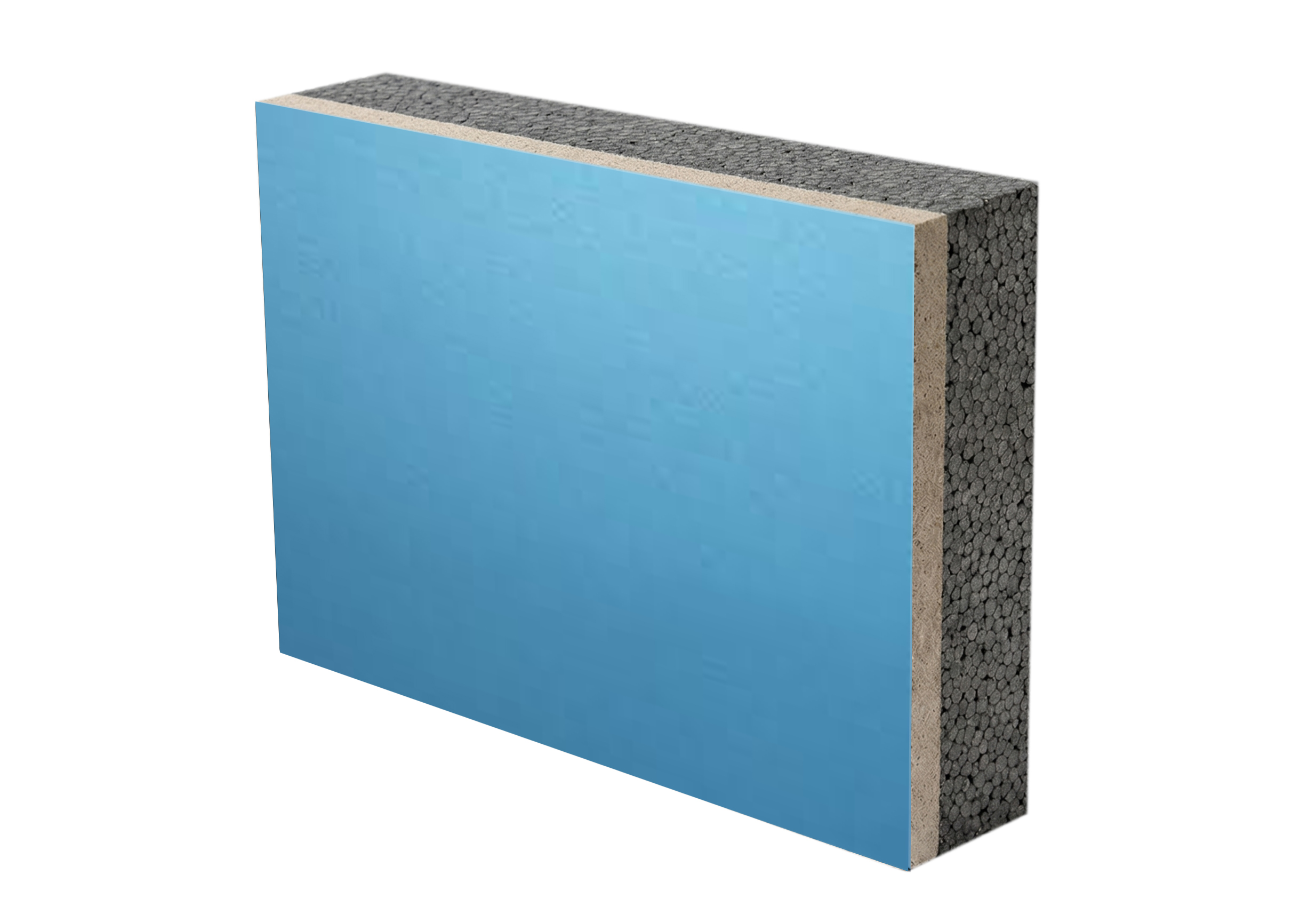 Integrated insulation panel with blue protective film over graphite SEPS core and decorative coating for scratch-free delivery