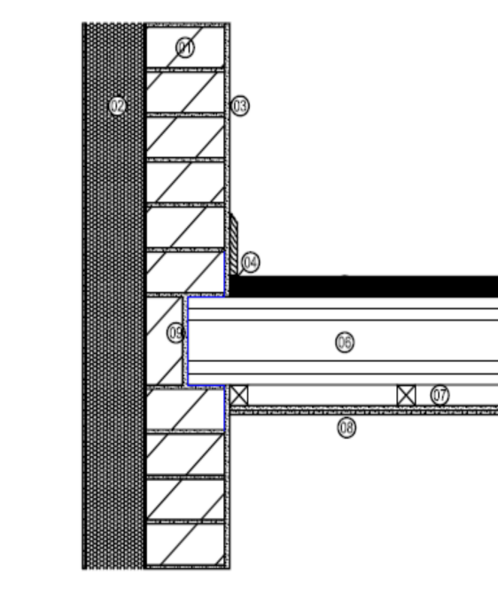 Technical cross-section drawing of external wall insulation system (EIFS) for construction projects in Vietnam and Thailand, highlighting thermal bridge prevention.