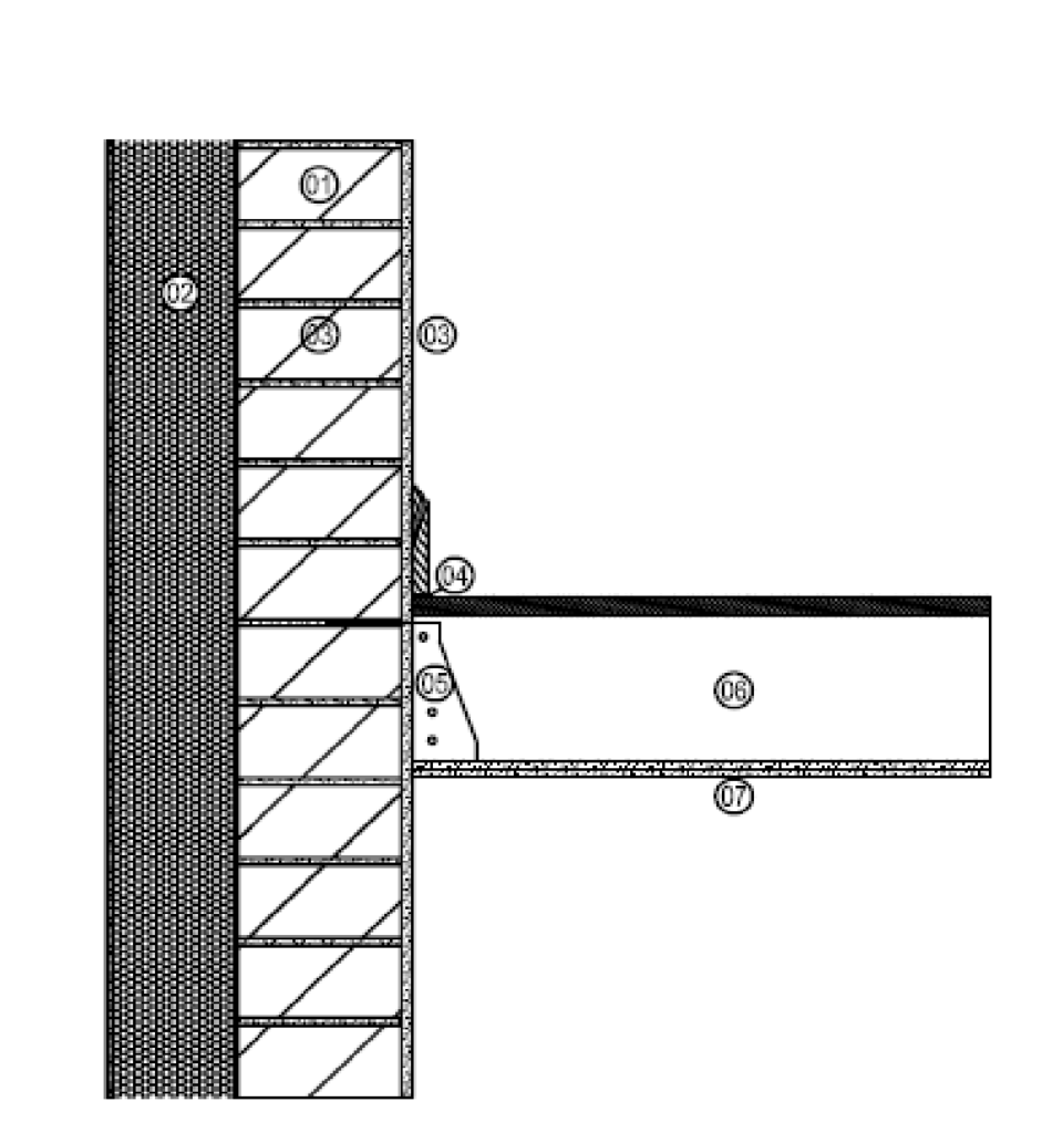 Technical detail of external insulation system (ETICS) for light steel frame and prefabricated buildings in Vietnam and Thailand, showing slab-to-wall junction.