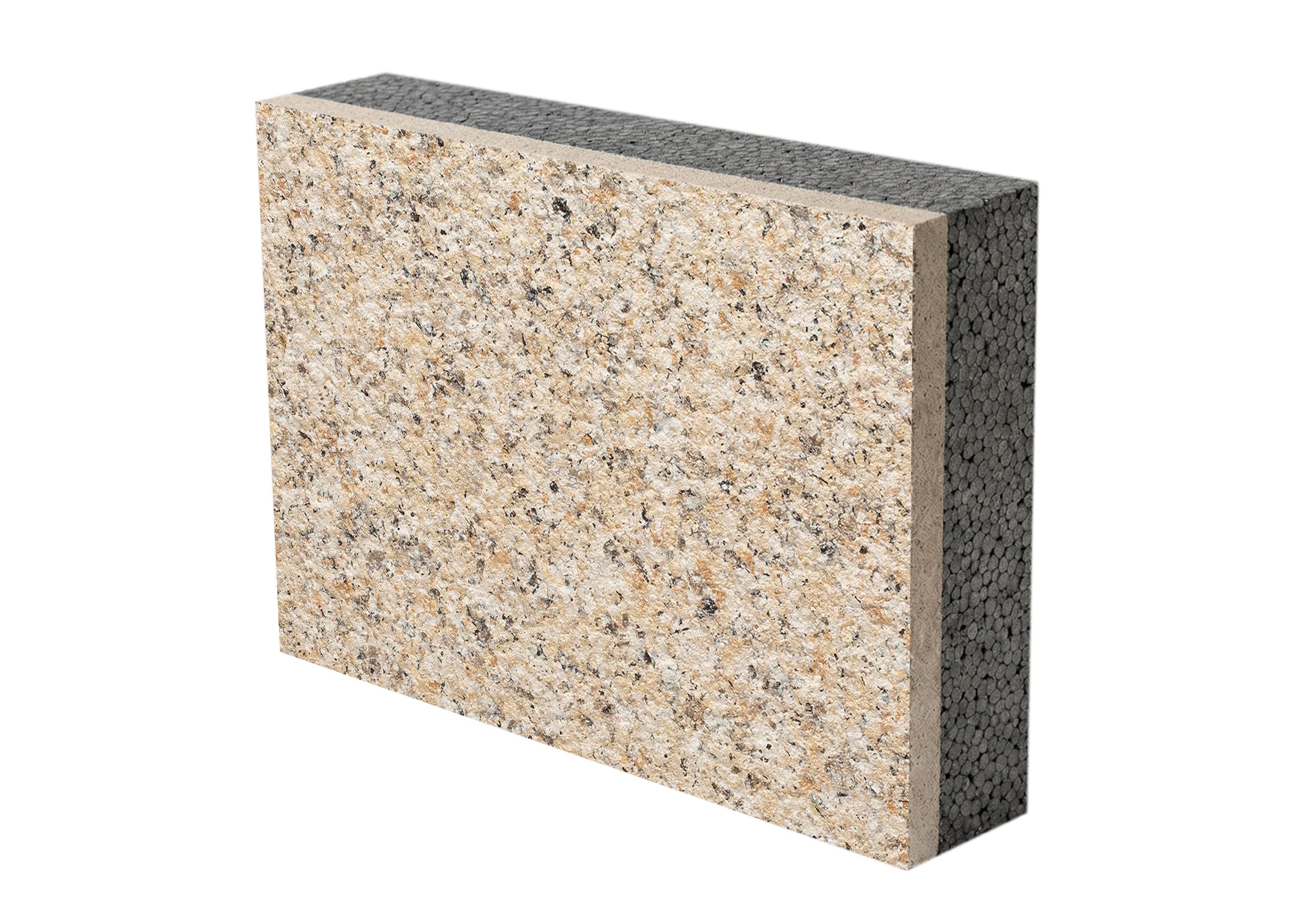 Integrated insulation panel with Water-in-Sand multicolor granite coating and graphite-enhanced EPS core