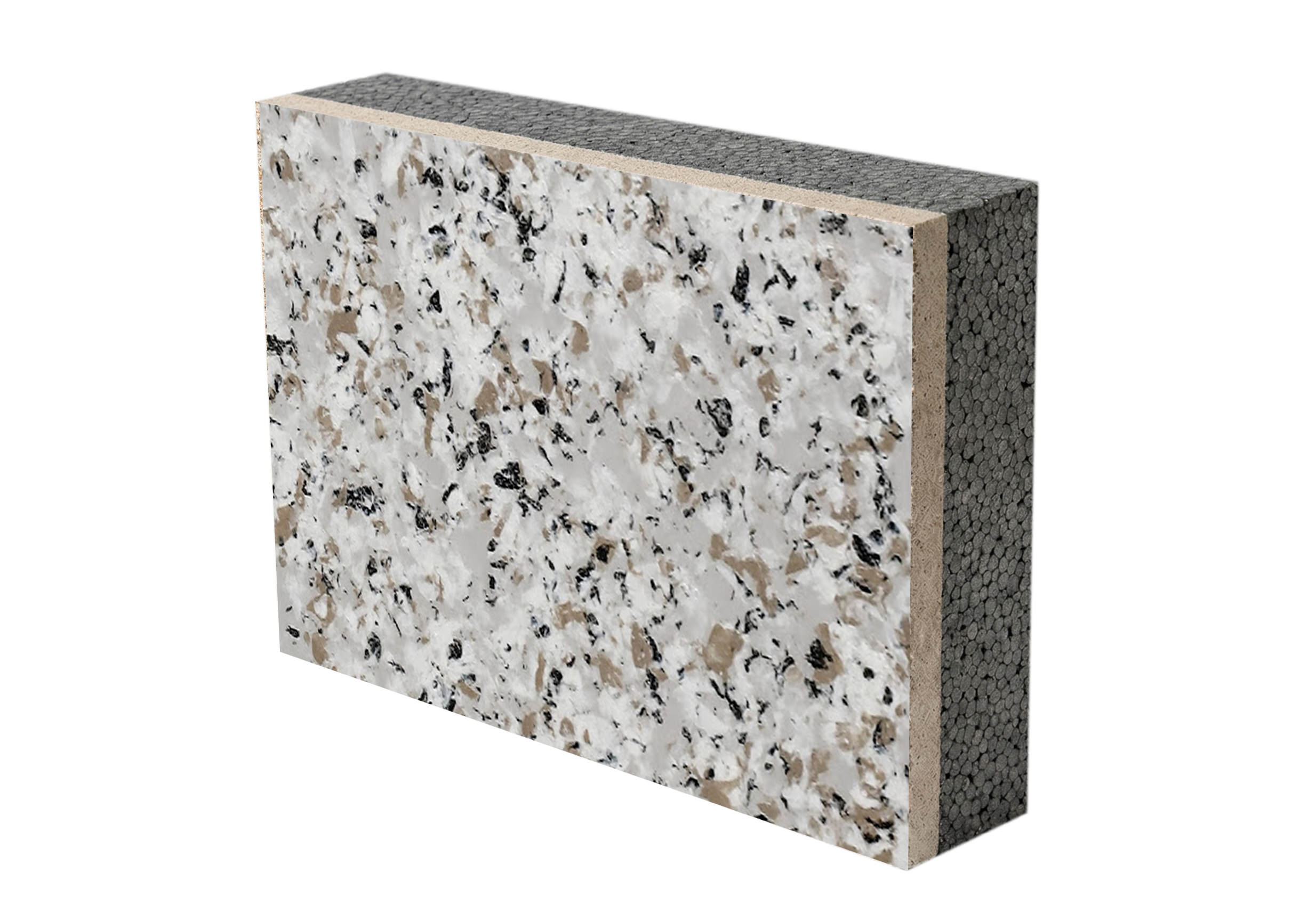 Integrated insulation panel with Water-in-Water smooth multicolor granite coating and graphite SEPS foam core