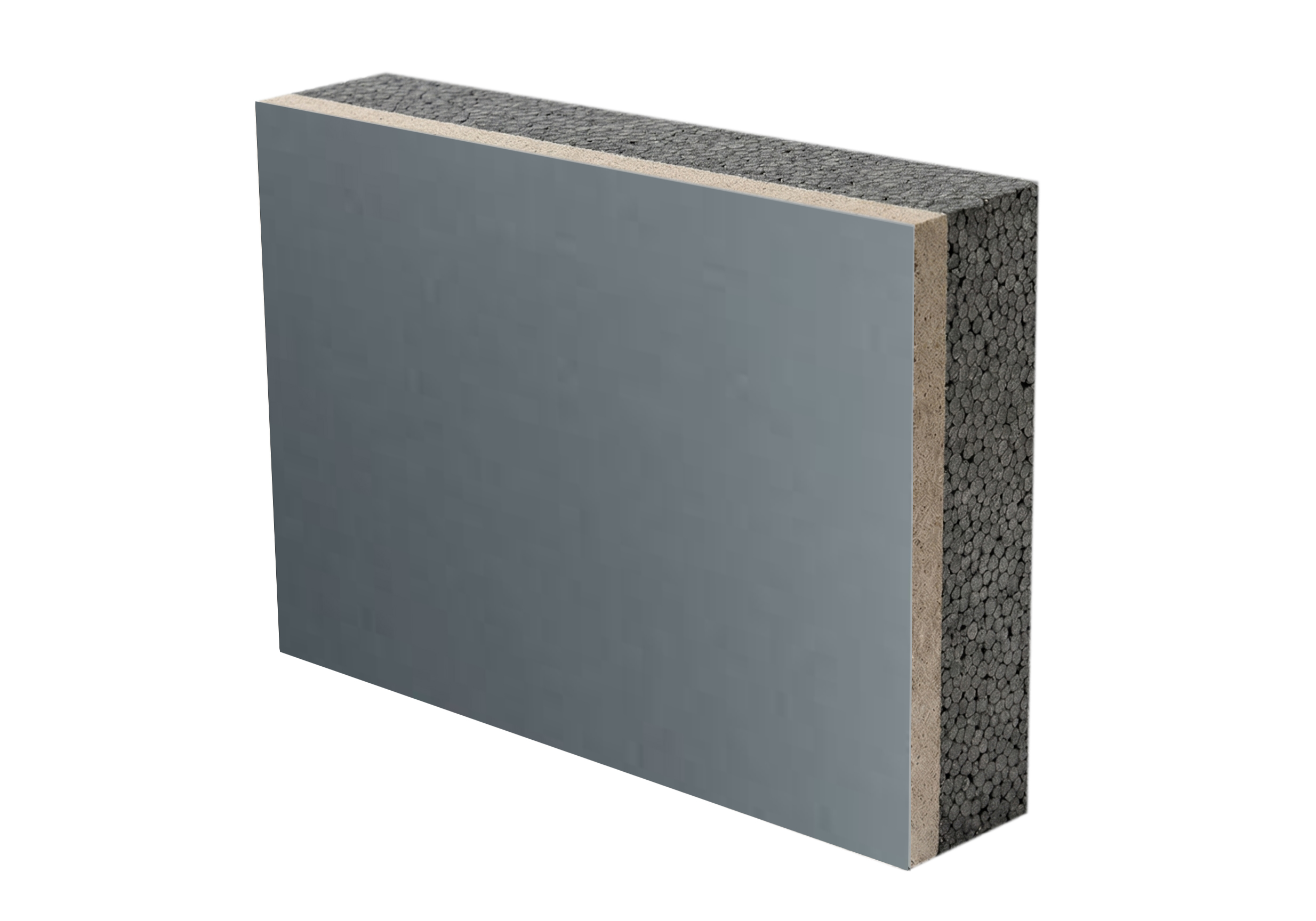 Integrated insulation panel with smooth dark grey matte coating and graphite-enhanced SEPS core for modern facades