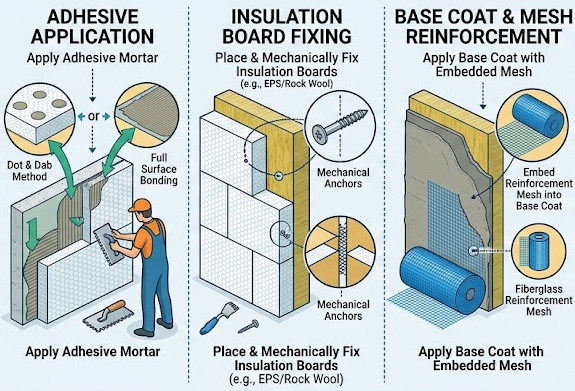 ETICS (External Thermal Insulation Composite Systems) construction method diagram - Step-by-step guide from substrate preparation to finish coat