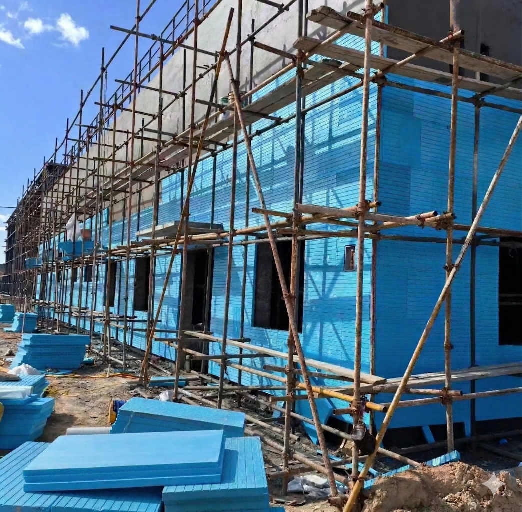 XPS exterior wall insulation board installation site - Showcasing the dark blue extruded polystyrene panels and insulation nail fastening process