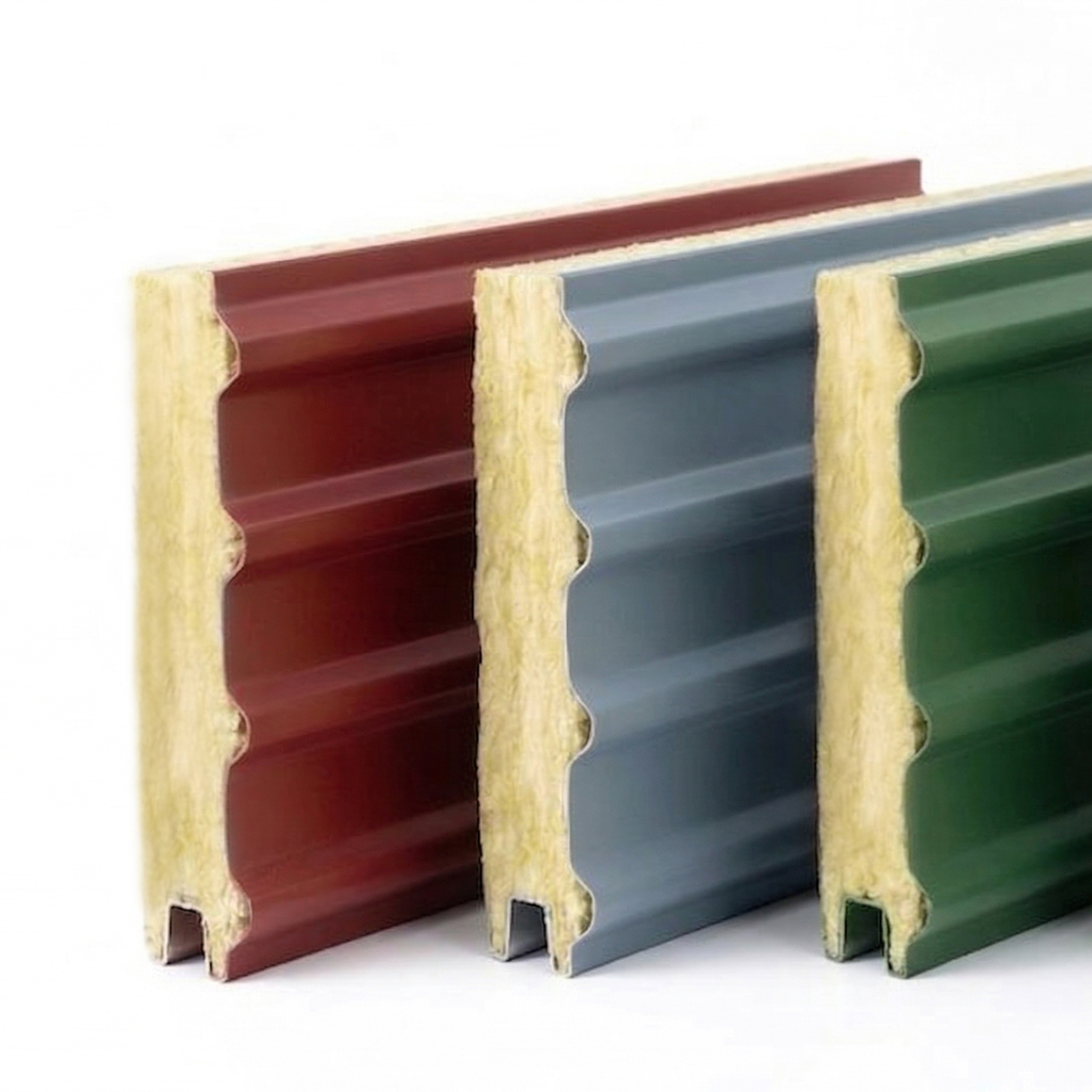 Cross-section of rock wool sandwich panels in red grey and green colors for industrial wall and roof cladding