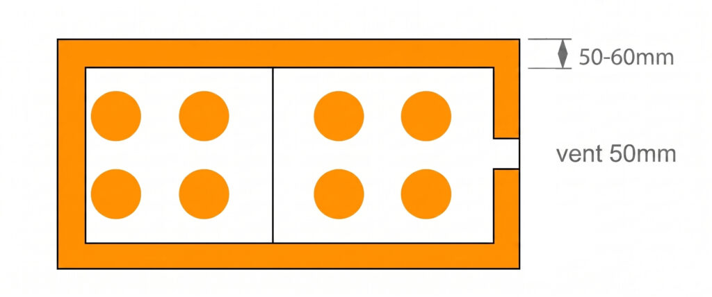 Technical diagram of adhesive application on insulation boards: 50-60mm perimeter strip with a 50mm air vent and 8 circular adhesive points.