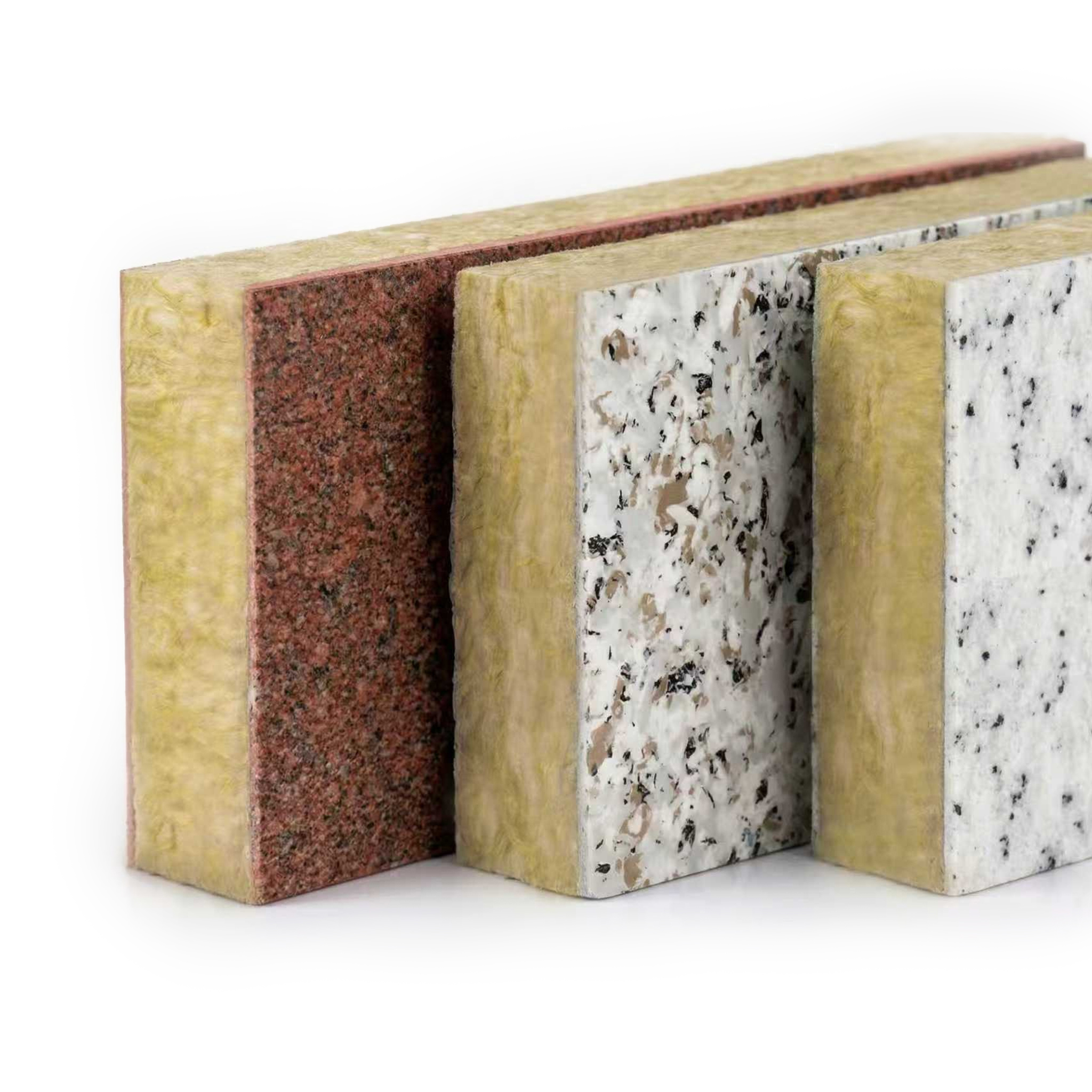Integrated decorative insulation panels featuring high-density rock wool core with various stone-effect textures like granite and marble