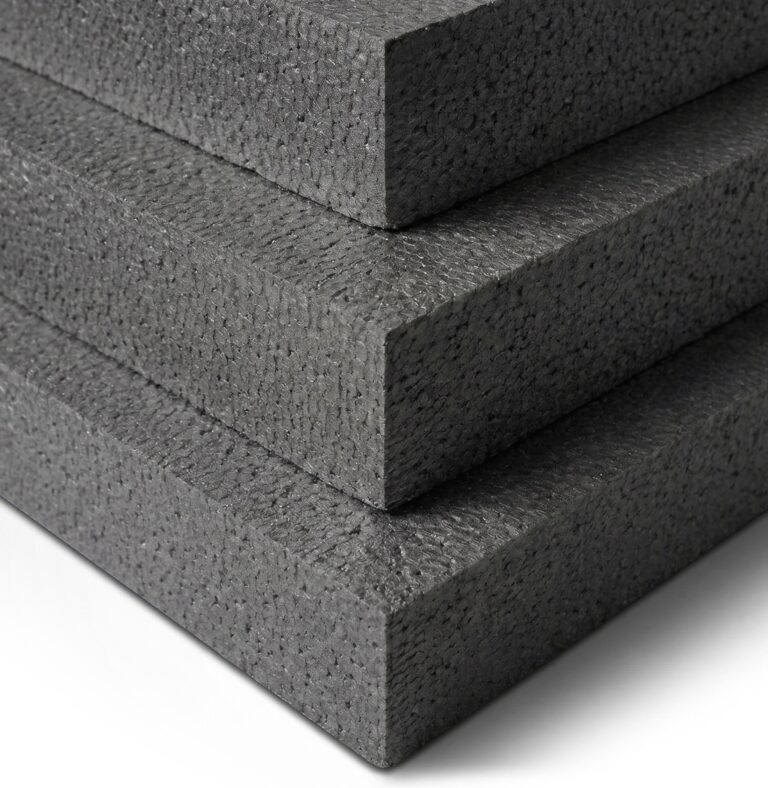 Stacked high-performance dark grey SEPS graphite-enhanced expanded polystyrene insulation boards for energy-efficient buildings